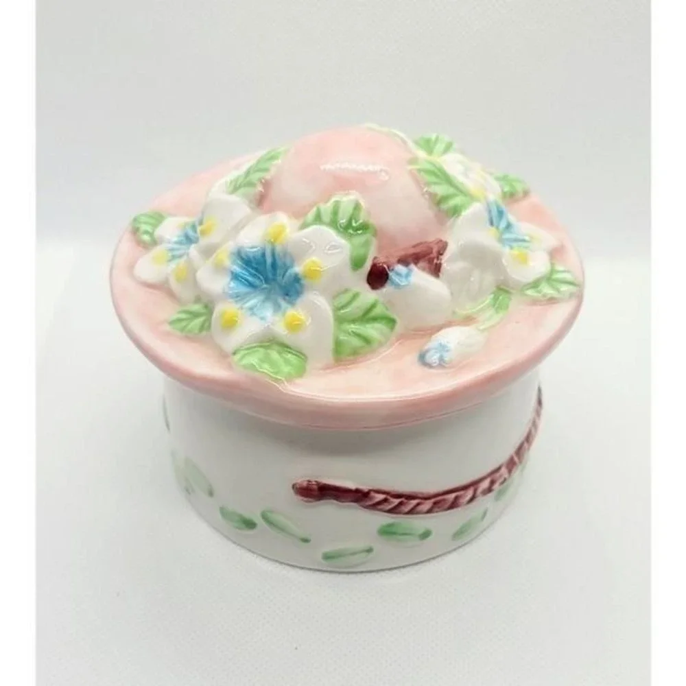 Floral Trinket Box W/ Vtg Hat Shaped Lid